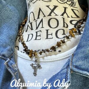 Alquimia by Ady Beaded Necklace with Cross Pendant tiger’s eye